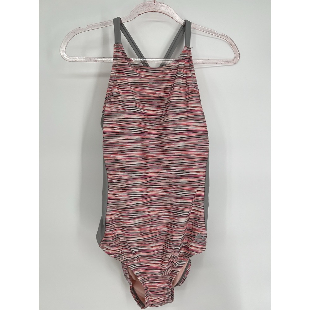 Free Country Womens High Neck Space Dye One Piece Swimsuit Pink‎ Grey Lined